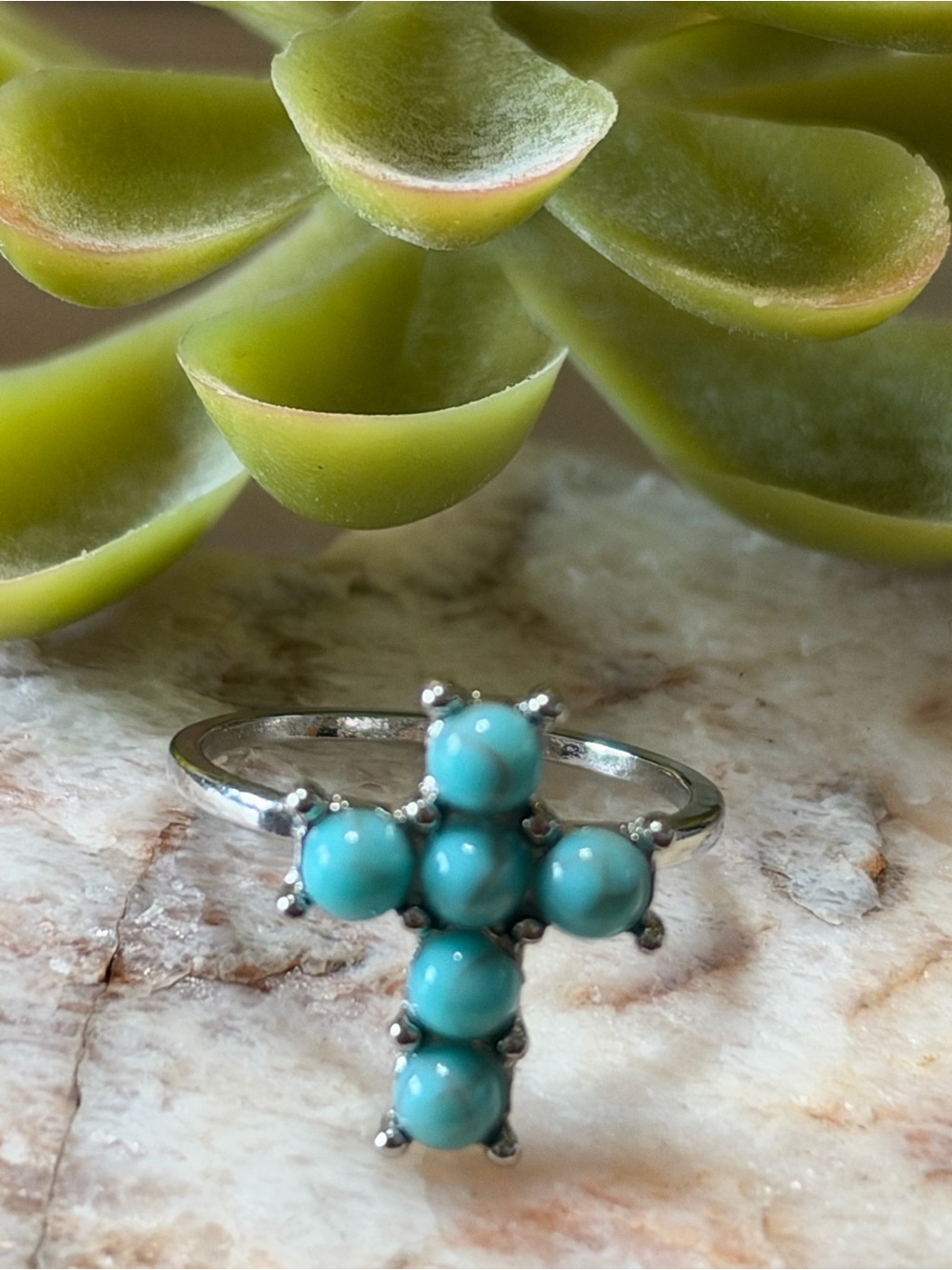 Turquoise Cross Cluster Ring - Silver Tone Women’s Jewelry